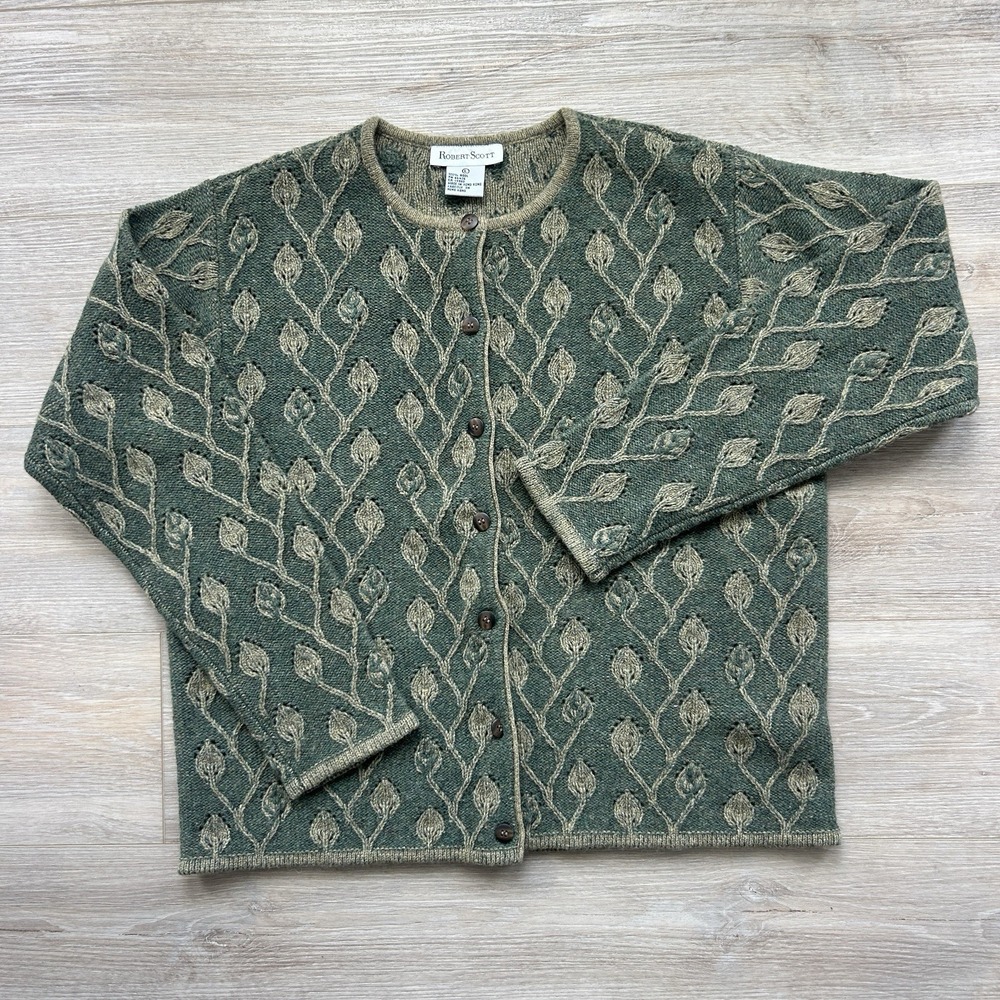 VTG NWOT Robert Scott Womens Large Pure Wool Green Cardigan Grannycore